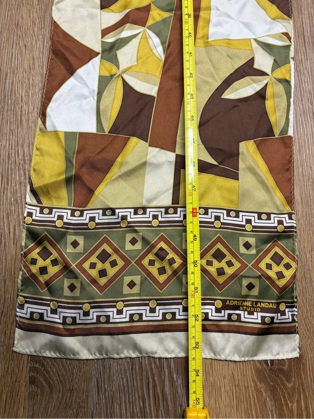 Adrienne Landau Olive, Brown & Yellow Geometric Silk Scarf